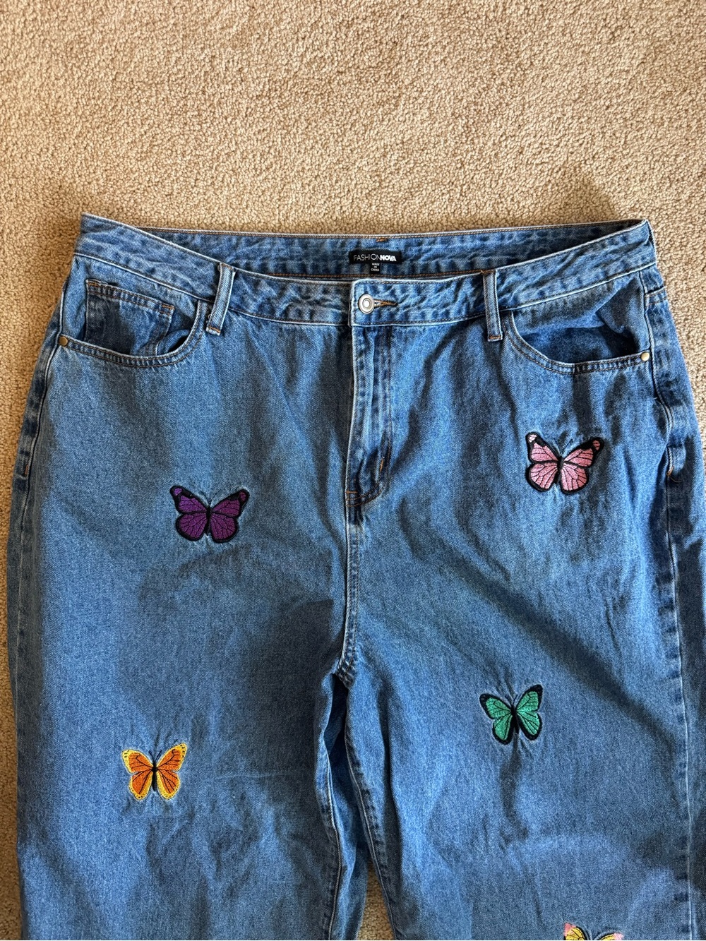Fashion Nova Women’s Blue Denim Jeans with Embroidered Butterflies